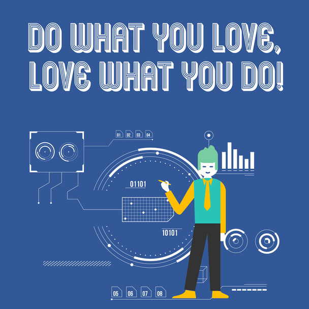 Написанный от руки текст Do What You Love What You Do. Концепция означает, что вы в состоянии делать вещи, которые вам нравится работать в лучших местах, чем человек, стоящий держа ручку указывая на диаграмму графика с процессом SEO
 - Фото, изображение