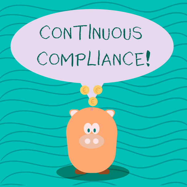 Text sign showing Continuous Compliance. Conceptual photo proactively maintaining a safe health care environment Color Speech Bubble with Gold Euro Coins on its Tail Pointing to Piggy Bank. - Photo, Image