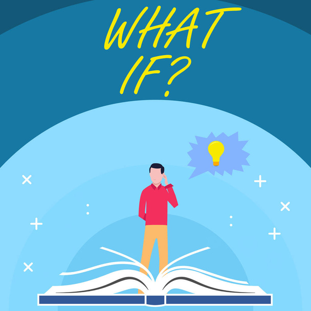 Handwriting text What If Question. Concept meaning when you are asking about condition or supposition Man Standing Behind Open Book, Hand on Head, Jagged Speech Bubble with Bulb. - Photo, Image
