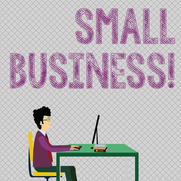 Koncepcyjny pisanie ręczne pokazujące Small Business. Business Photo showobudowa niezależnie własnością i obsługiwana firma ograniczona w rozmiarze biznesmen siedzi na krześle praca na komputerze i książek. - Zdjęcie, obraz