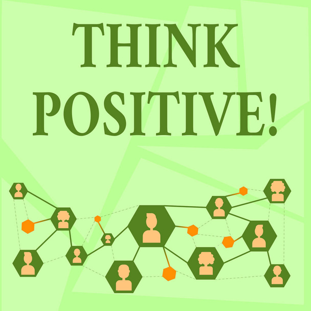 Writing Megjegyzés bemutató Think pozitív. Üzleti fotó bemutatják a mentális hozzáállás, amely azt várod, jó és kedvező eredmények chat ikonok avatar összekötő vonalak hálózatépítés Idea. - Fotó, kép