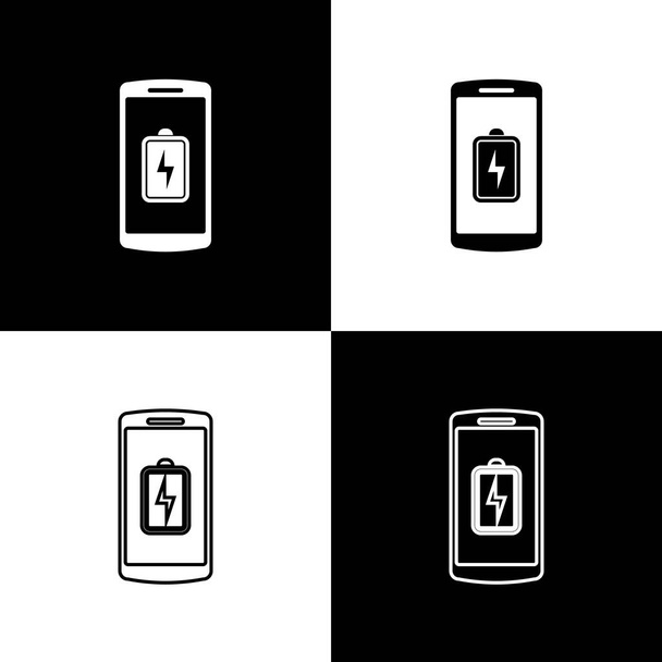 Nastavit Smartikonky baterií smartphone izolované na černém a bílém pozadí. Telefon s nízkým nabijte baterií. Ikona spojnicového, obrysového a lineárního. Vektorová ilustrace - Vektor, obrázek