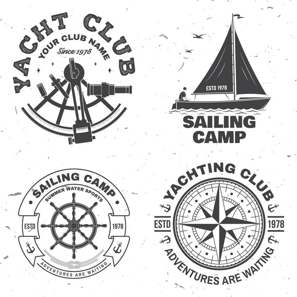 Set of summer sailing camp badge. Vector. Concept for shirt, stamp or tee. Vintage typography design with black sea anchors, hand wheel, compass and sextant silhouette. Best Sporting Activity - Vector, Image