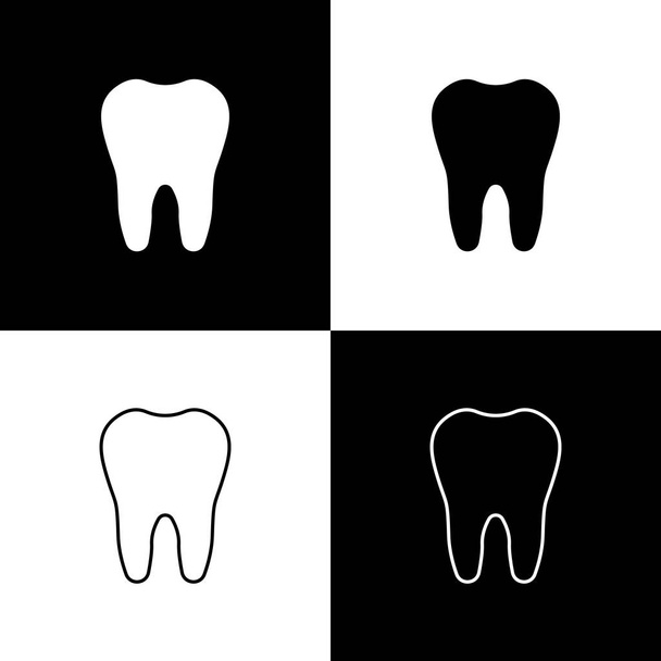 黒と白の背景に孤立した歯のアイコンを設定します。歯科医院または歯科医の医療センターおよび歯磨き粉のパッケージのための歯の記号。線、アウトライン、リニアアイコン。ベクターイラスト - ベクター画像