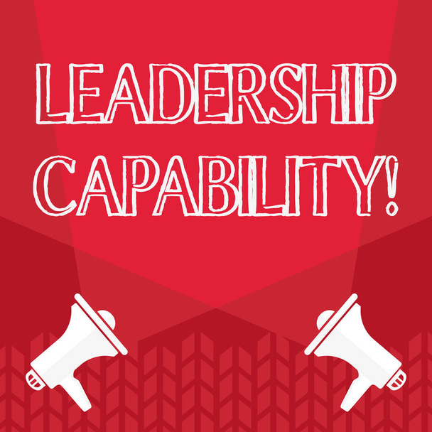 Word Writing Text Leadership-Fähigkeit. Business-Konzept für die Fähigkeit, Einfluss zu nehmen, um andere erfolgreich zu führen, blenden doppelten Scheinwerfer kreuz und quer nach oben von zwei Megaphonen auf dem Boden. - Foto, Bild