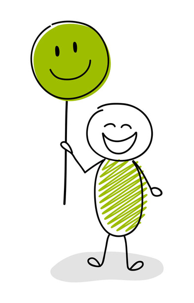 handgezeichneter Strichmännchen, der lustige Luftballons mit fröhlichen Emoticons hält. Vektor - Vektor, Bild
