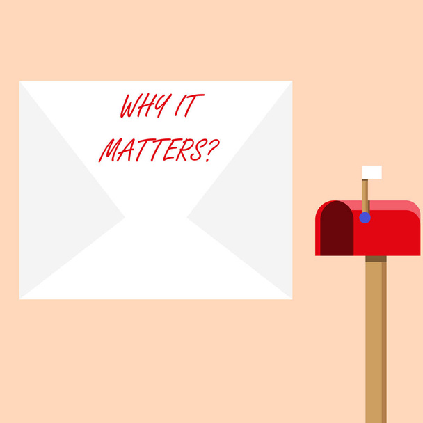 Handwriting text writing Why It Matters question. Concept meaning ask demonstrating about something he think is important Blank Big White Envelope and Open Red Mailbox with Small Flag Up Signalling. - 写真・画像
