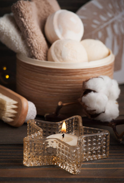 Spa products with golden candle and cotton - Photo, Image