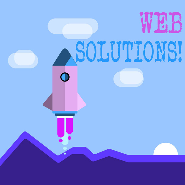 Word writing text Web Solutions. Business concept for program over network and accessible through web browser Colorful Spacecraft Shuttle Rocketship Launching for New Business Startup. - Photo, Image