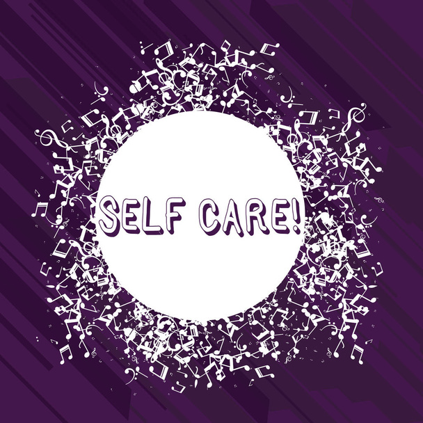 Słowo pisanie tekstu Self Care. Koncepcja biznesowa dla praktyki podejmowania działań w celu zachowania lub poprawy własnych zdrowia disarrayed i pomieszane nuty ikona otaczającego puste kolorowe koło. - Zdjęcie, obraz
