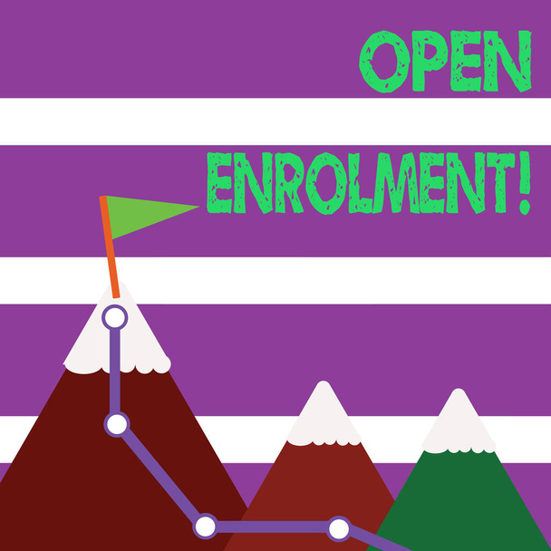 Word writing text Open Enrolment. Business concept for student public school other than one assigned basis residence Three Mountains with Hiking Trail and White Snowy Top with Flag on One Peak. - Photo, Image