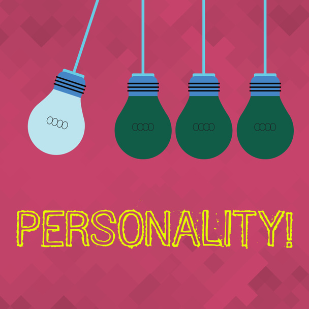 Text sign showing Personality. Conceptual photo combination characteristics that form individuals character Color Incandescent Pendant Bulb Hanging with One Different Shade Lightbulb. - Photo, Image