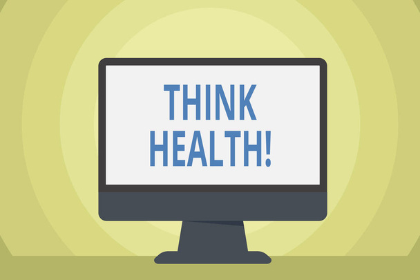 Słowo pisanie tekstu think Health. Koncepcja biznesowa dla stanu całkowitego fizycznego i psychicznego i społecznego dobrze jest pusta przestrzeń Desktop Computer kolorowy monitor ekran wolnostojący na stole. - Zdjęcie, obraz