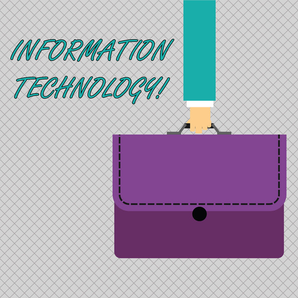 Conceptual hand writing showing Information Technology. Business photo showcasing Science and activity of using computer systems Businessman Carrying Colorful Briefcase Portfolio Applique. - Photo, Image