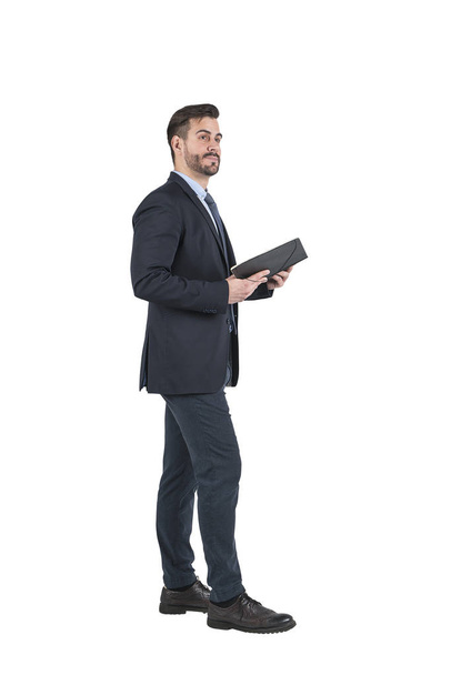 Smiling businessman with book, isolated - Foto, Bild