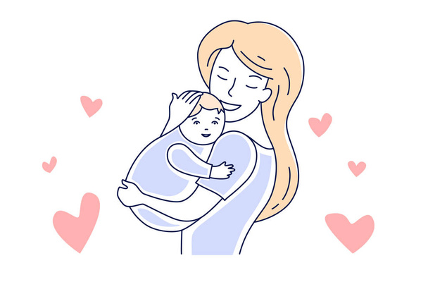 Matka miluje a má dítě. Mateřství. Maminka si objímat dětskou ruku, která vykresluje vektorové ilustrace - Vektor, obrázek