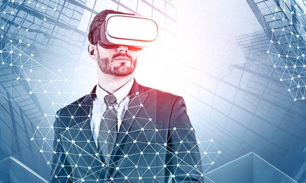 Businessman in VR headset, abstract interface - Фото, зображення