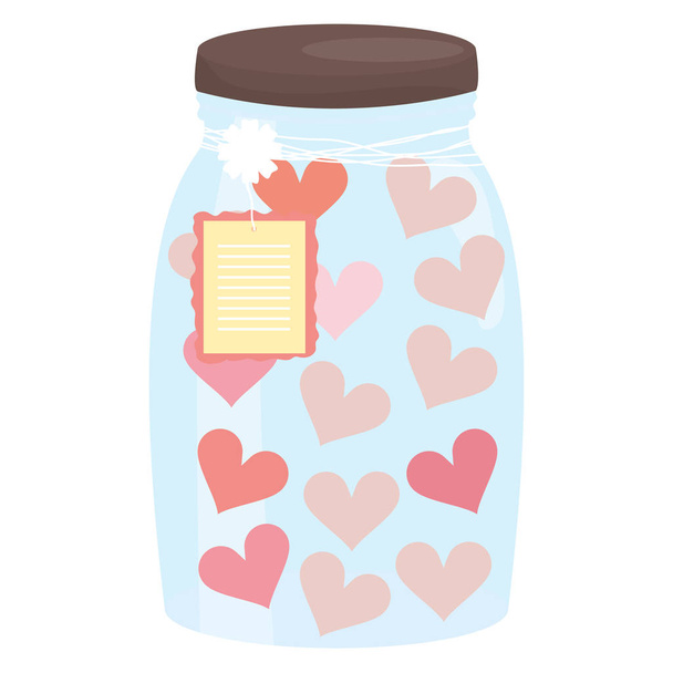 mason jar glass with hearts and tag hanging - Vector, Image
