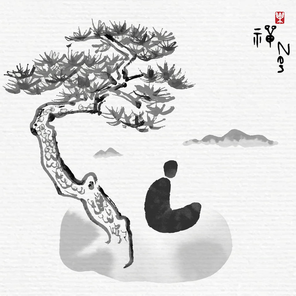Медитатор медитирует под соснами на горах, китайский ч
 - Вектор,изображение