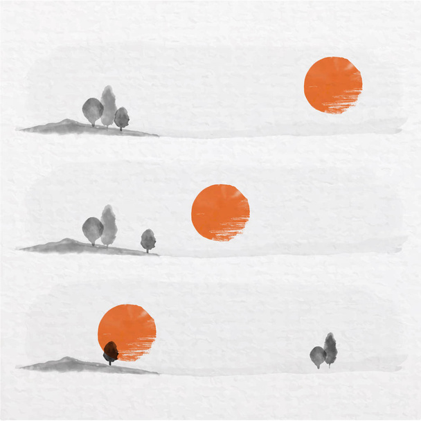 Three trees and the sun in wilderness with Chinese painting art  - Vector, Image