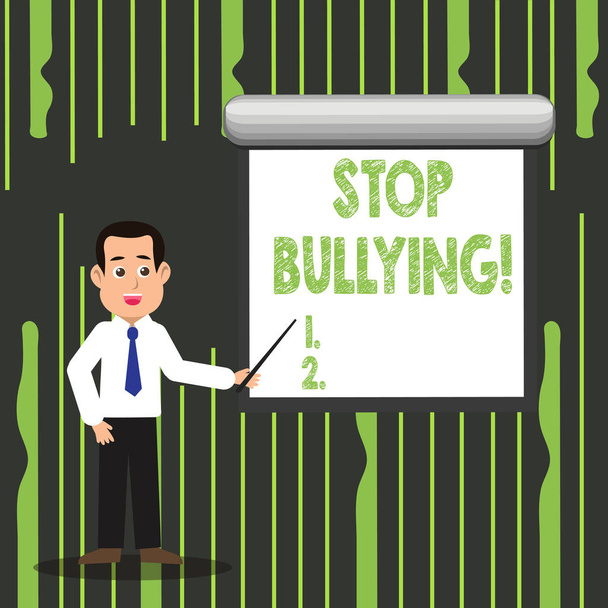 Handwriting text writing Stop Bullying. Concept meaning no aggressive behavior among children power imbalance Man in Necktie Talking Holding Stick Pointing to Blank White Screen on Wall. - Photo, image