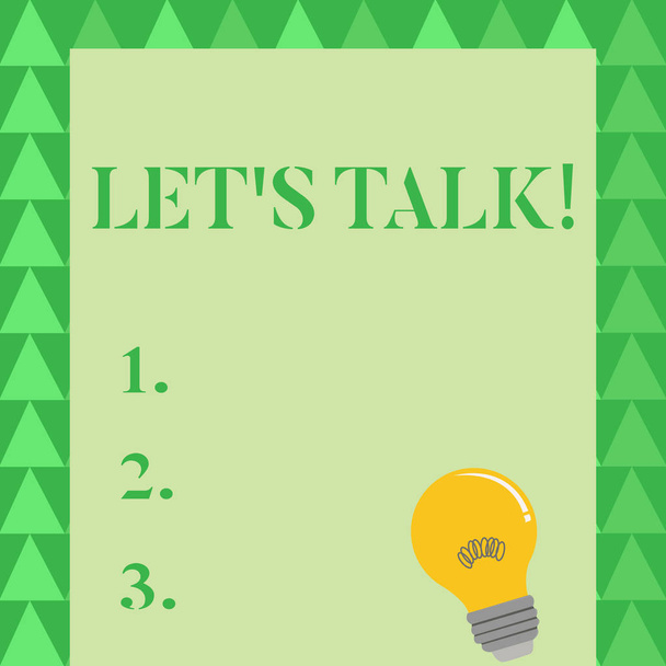 Conceptual hand writing showing Let S Talk. Business photo showcasing they are suggesting beginning conversation on specific topic Light Bulb with Filament Inside Resting on Blank Color Paper. - Photo, Image