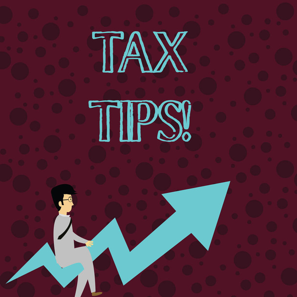 Conceptual hand writing showing Tax Tips. Business photo showcasing compulsory contribution to state revenue levied by government Businessman with Eyeglasses Riding Crooked Arrow Pointing Up. - Photo, Image