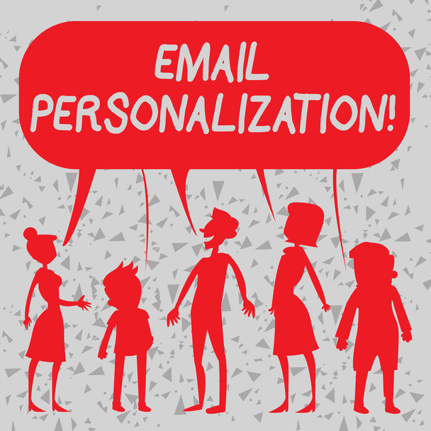 Word Writing Text E-Mail Personalisierung. Geschäftskonzept für das Einfügen demonstrierender Daten in die E-Mail-Vorlage Silhouette Figur von Menschen reden und teilen eine bunte Sprechblase. - Foto, Bild