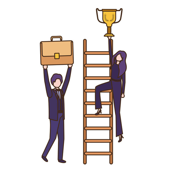 ζευγάρι επιχειρήσεων με σκάλα και τρόπαιο χαρακτήρα avatar - Διάνυσμα, εικόνα