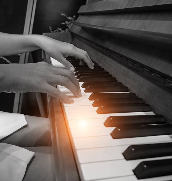 A mão humana está pressionando a tecla do piano, tocando música, tom preto e branco, luz blury ao redor
 - Foto, Imagem