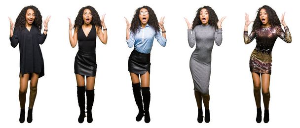 Collage of young woman wearing party dress over isolated white background celebrating crazy and amazed for success with arms raised and open eyes screaming excited. Winner concept - Foto, afbeelding