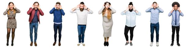 Collage de personas sobre un fondo blanco aislado tratando de escuchar ambos gestos en las orejas, curiosos de chismes. Problema de audición, sordos
 - Foto, Imagen