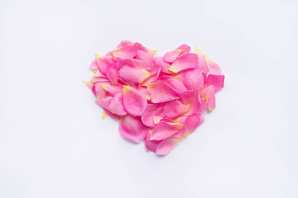 Rode hart vorm gemaakt van roze roos bloemblaadjes op wit  - Foto, afbeelding