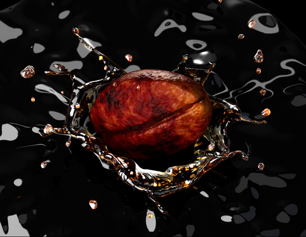 Grano de café cayendo en un líquido oscuro, formando una salpicadura de corona
, - Foto, imagen