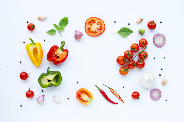 Various fresh vegetables and herbs on white background. Healthy  - Fotó, kép