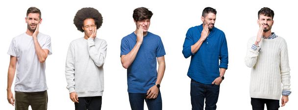 Collage van de groep van mensen over witte geïsoleerde achtergrond aanraken van de mond met de hand met pijnlijke uitdrukking vanwege kiespijn of tandheelkundige ziekte op tanden. Tandarts concept. - Foto, afbeelding