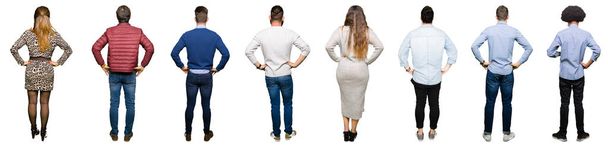 Collage de personas sobre fondo blanco aislado de pie hacia atrás mirando hacia otro lado con los brazos en el cuerpo
 - Foto, imagen