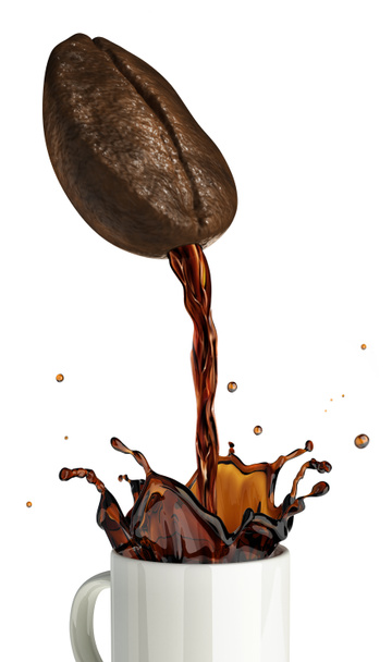enorme koffieboon met gat gieten koffie in een mok spatten. - Foto, afbeelding