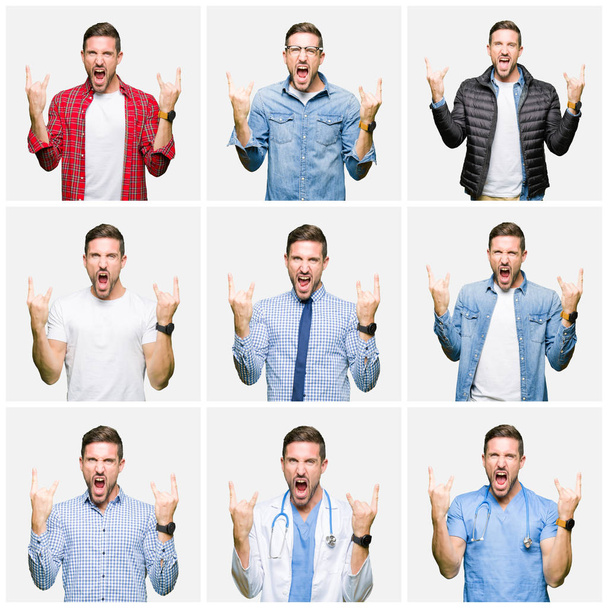 Collage of attractive young man over white isolated background shouting with crazy expression doing rock symbol with hands up. Music star. Heavy concept. - Photo, Image