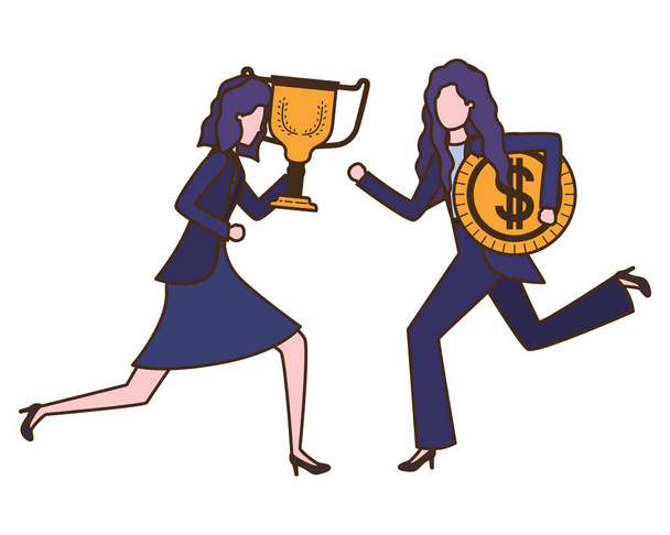 γυναίκες επιχειρηματίες με τρόπαιο και νόμισμα - Διάνυσμα, εικόνα