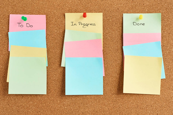 "Yapmak", "devam ediyor" ve "done" kelimelerini içeren renkli kağıt notları bir mantar tahtasına sabitlenmiş - Fotoğraf, Görsel