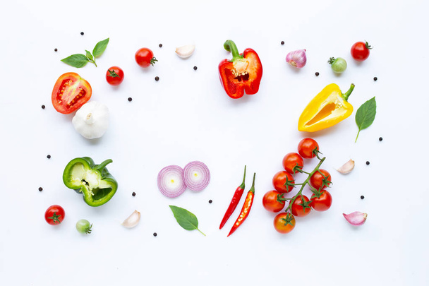 Various fresh vegetables and herbs on white background. Healthy  - Fotoğraf, Görsel
