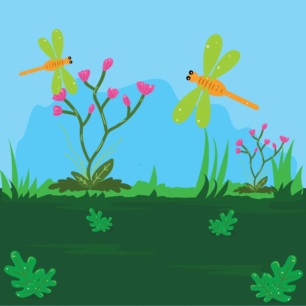 Illustration of a dragonfly perched on a shrub plant with red flowers in the garden - Vektör, Görsel