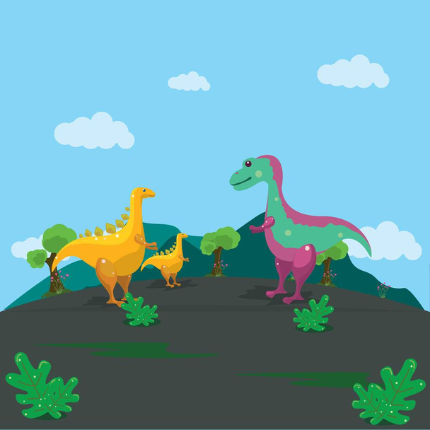 Ilustración de una colección de dinosaurios reunidos, con un fondo de montañas y cielos despejados
 - Vector, Imagen
