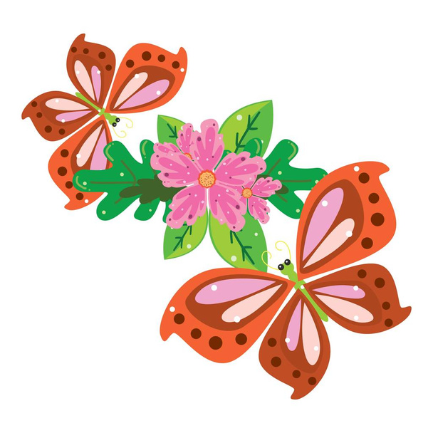 Illustration of a red butterfly perched on flowers and leaves - Vektor, kép