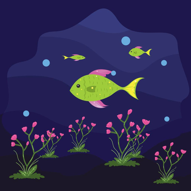 Illustration glücklicher Fische im Ozean. Fische unter Wasser - Vektor, Bild