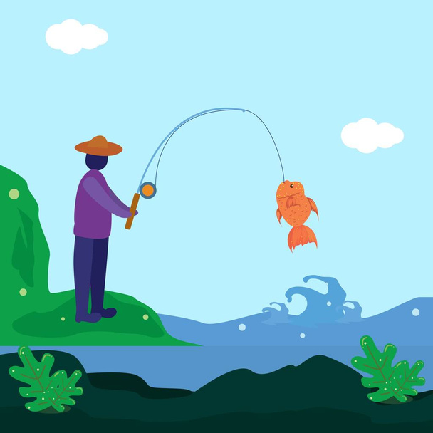 Иллюстрация людей, которые рыбачат в море
 - Вектор,изображение