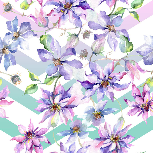 Blue violet clematis bouquet floral botanical flowers. Watercolor illustration set. Seamless background pattern. - Photo, Image