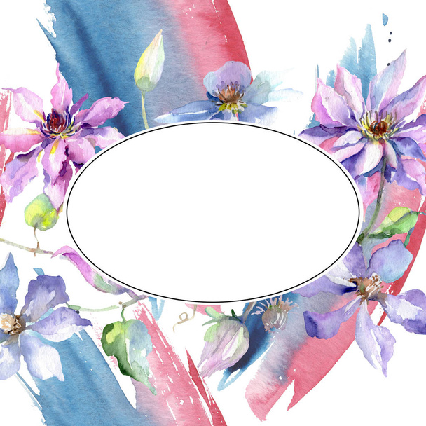 Bouquet Clematis violet bleu fleurs botaniques. Ensemble d'illustration de fond aquarelle. Cadre bordure ornement carré
. - Photo, image