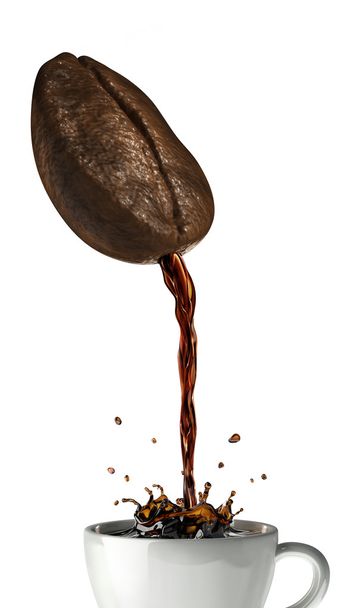 riesige Kaffeebohne mit Loch, das Kaffee in einen Becher schüttet, der spritzt. - Foto, Bild